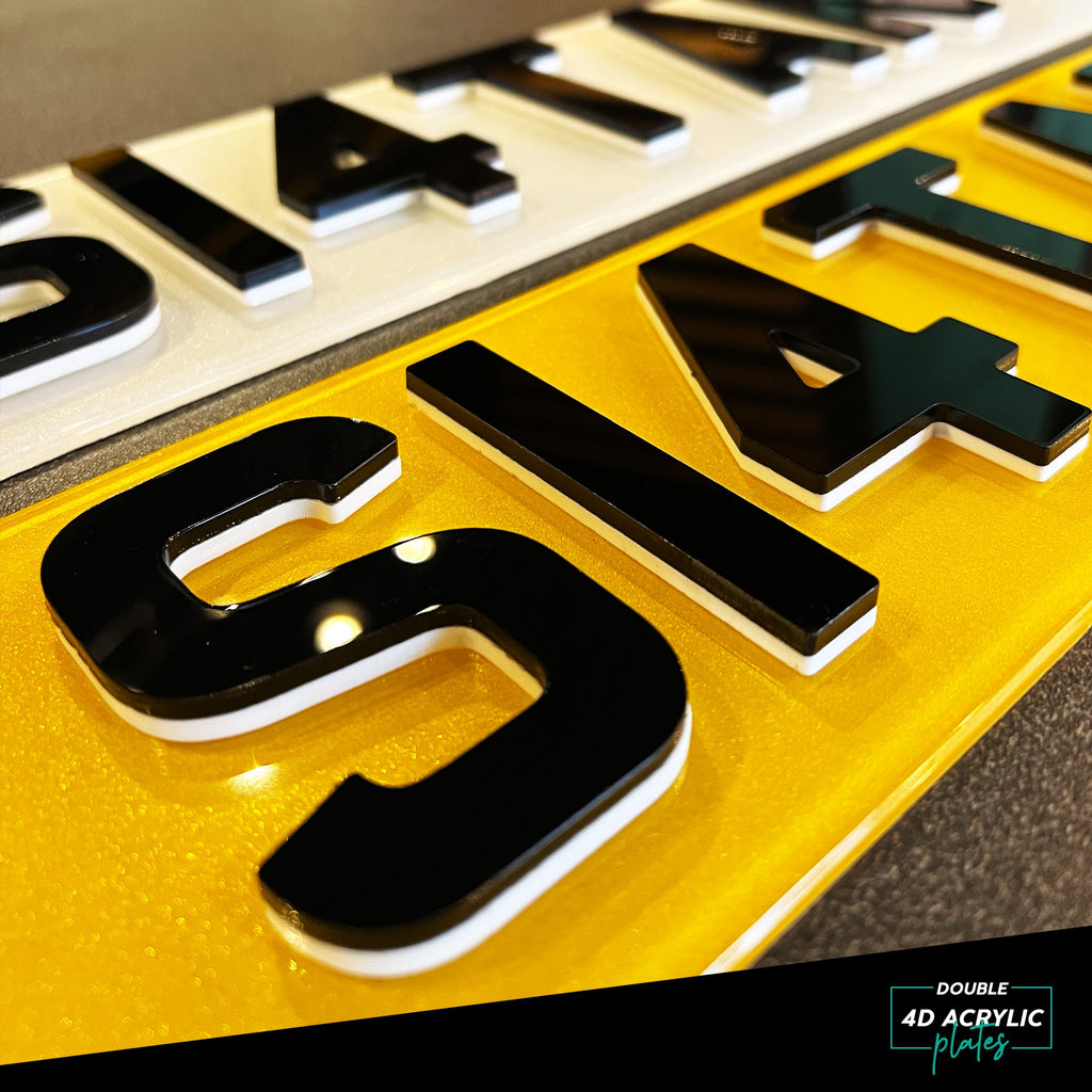 Double 4D Acrylic (6mm) Number Plates - White & Gloss Black (Standard Shape)