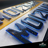 4D Acrylic (3mm) With 3D Gel Number Plates - Neon Blue & Topaz Blue (Standard Shape)